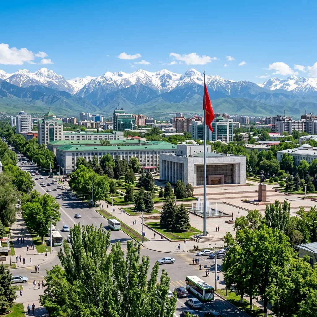 Aerial view of central Bishkek with Ala-Too Square and the Tian Shan mountains behind