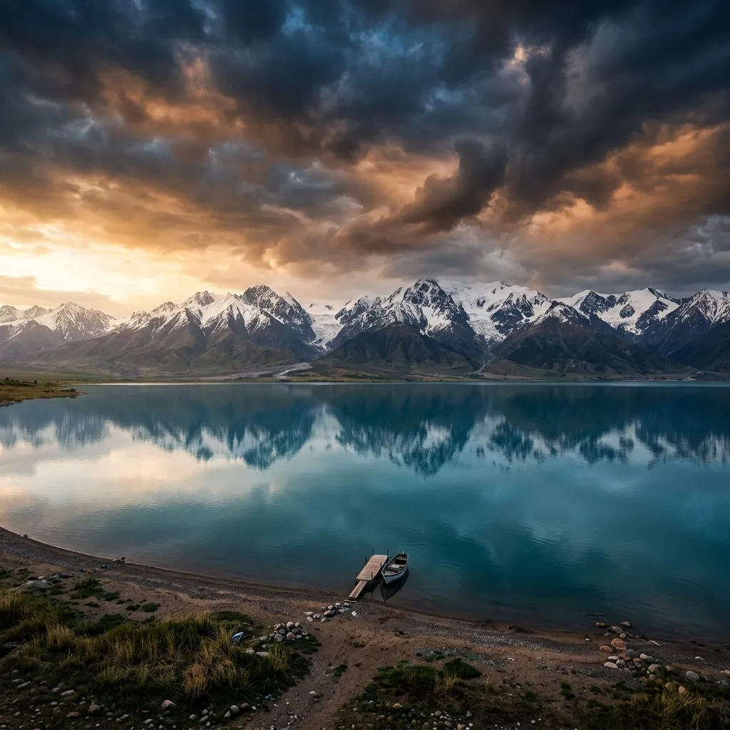 High alpine lake surrounded by snow-capped mountains at dusk in Kyrgyzstan