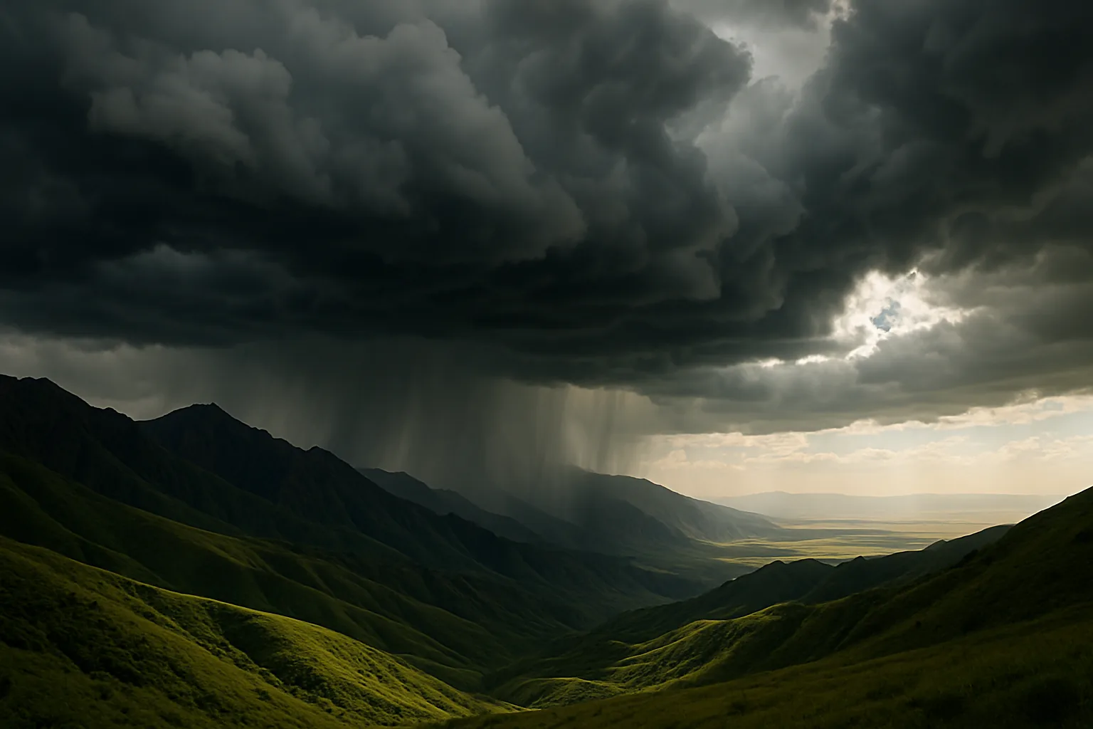 Storm clouds gathering over green highlands in Kyrgyzstan