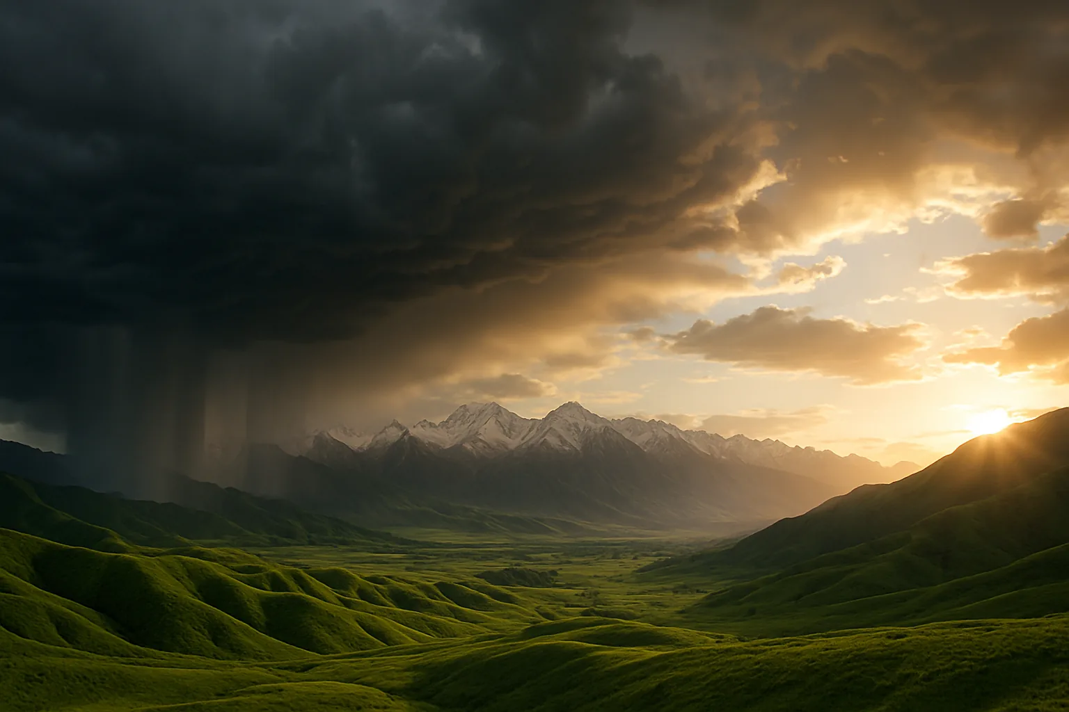 Storm clouds and sunlight over a green valley in Kyrgyzstan with snow-capped mountains