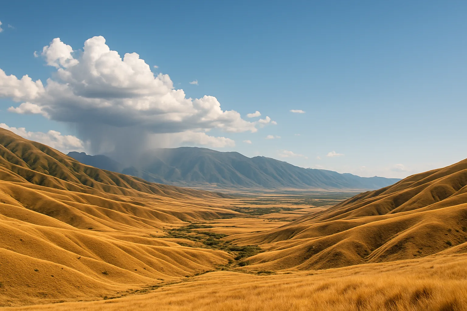 Sunny golden valley in Kyrgyzstan with an isolated rain shower over distant mountains