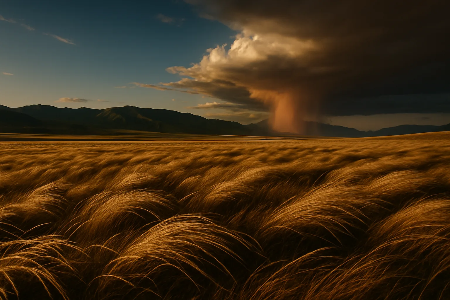Windswept golden steppe in Kyrgyzstan with a distant thunderstorm over the mountains