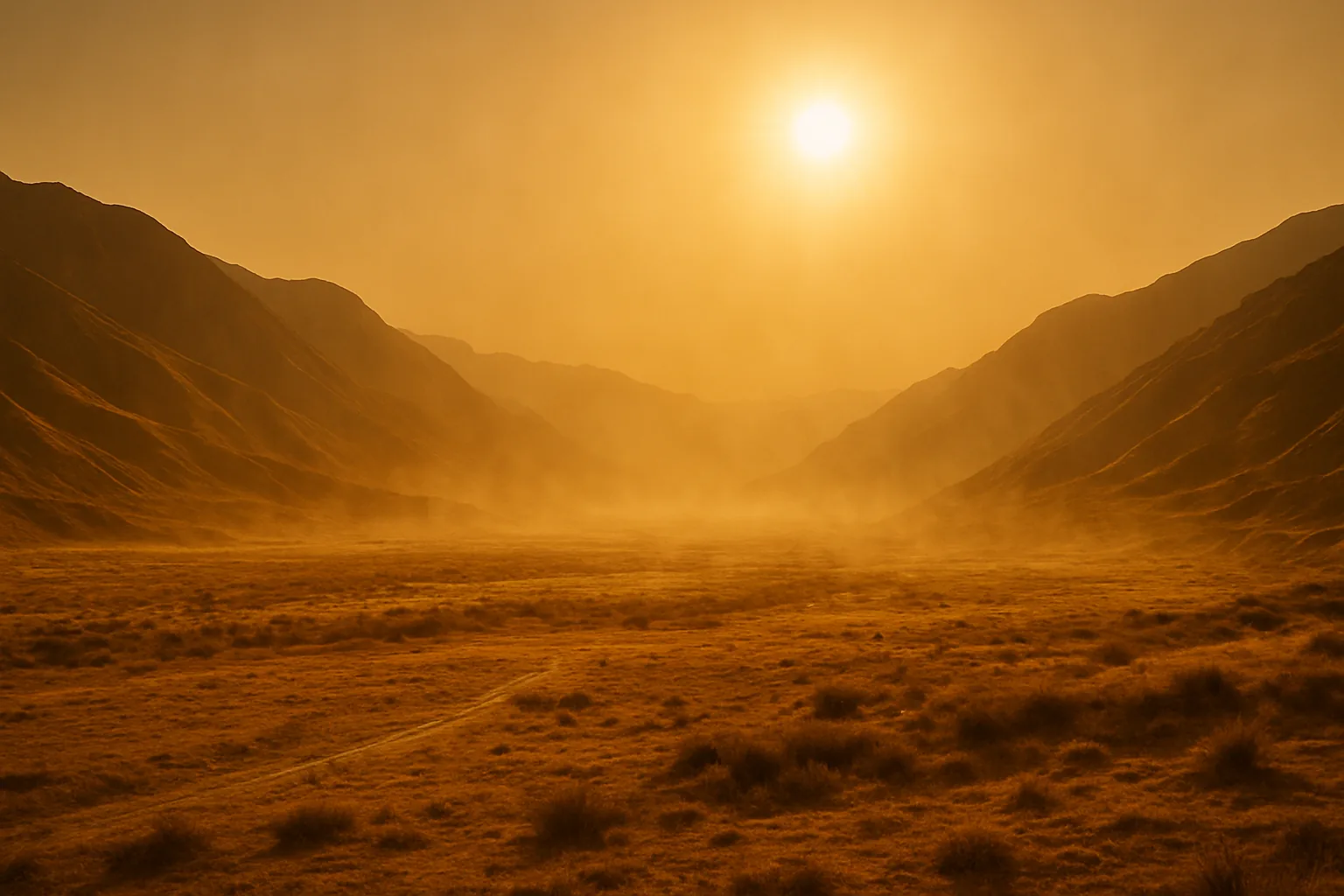 Heat haze over a sunbaked valley in southern Kyrgyzstan