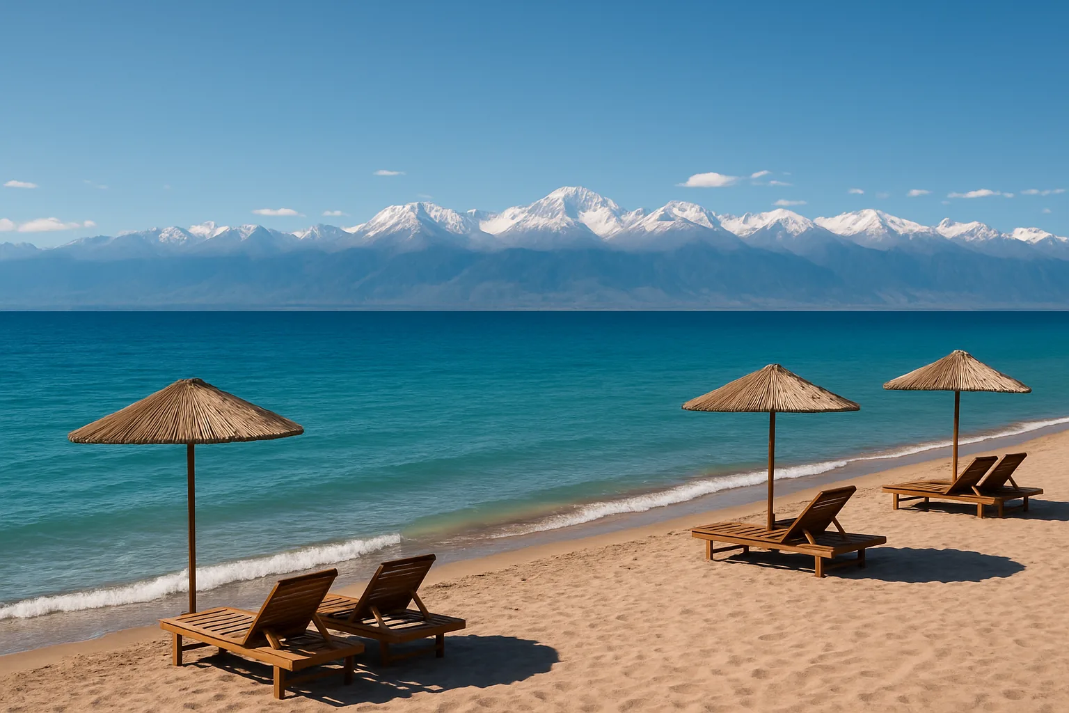 Lake Issyk-Kul beach with sun loungers and snow-capped Tian Shan mountains