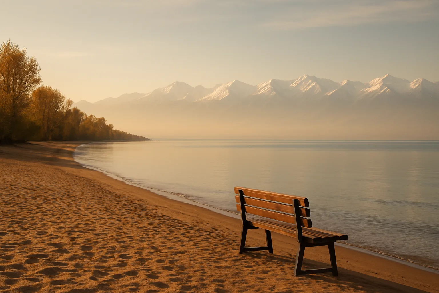 Empty beach with a bench on Lake Issyk-Kul at golden hour, mountains in the distance