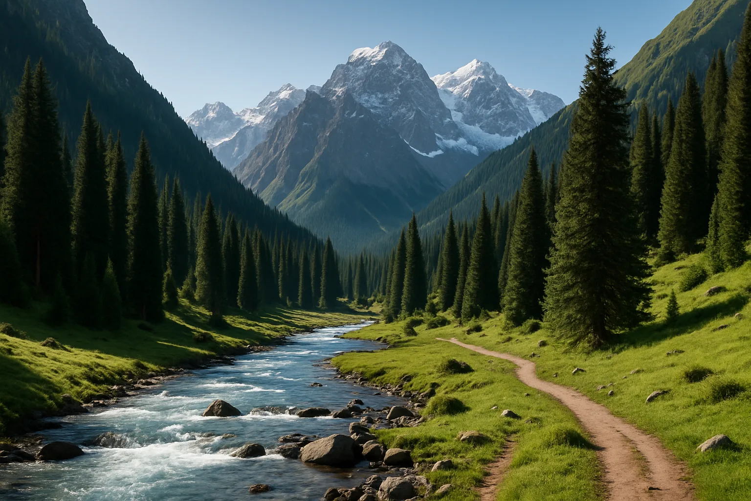 Green alpine gorge with a mountain river and snow-capped peaks in Kyrgyzstan